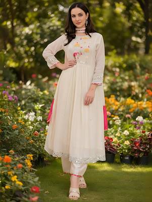 Women's Beautiful Embroidery Work Georgette Fabric Flared Kurta Pant and Dupatta Set 1