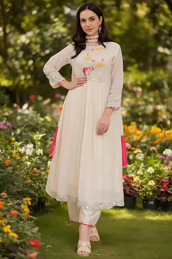 Women's Beautiful Embroidery Work Georgette Fabric Flared Kurta Pant and Dupatta Set