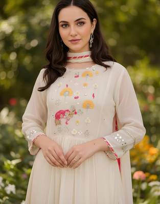 Women's Beautiful Embroidery Work Georgette Fabric Flared Kurta Pant and Dupatta Set 2