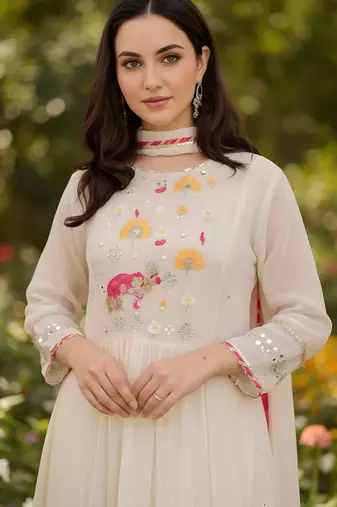 Women's Beautiful Embroidery Work Georgette Fabric Flared Kurta Pant and Dupatta Set