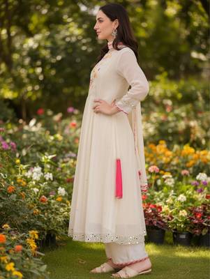 Women's Beautiful Embroidery Work Georgette Fabric Flared Kurta Pant and Dupatta Set 3