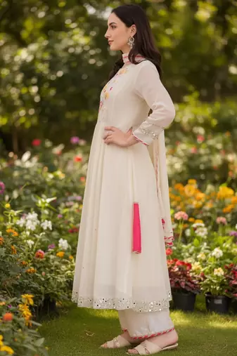 Women's Beautiful Embroidery Work Georgette Fabric Flared Kurta Pant and Dupatta Set