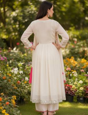 Women's Beautiful Embroidery Work Georgette Fabric Flared Kurta Pant and Dupatta Set 4