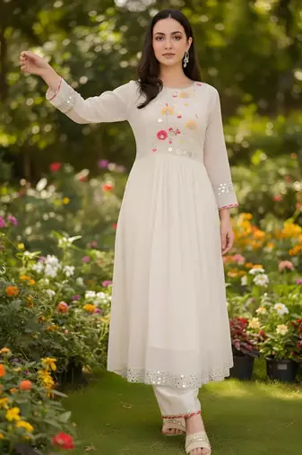 Women's Beautiful Embroidery Work Georgette Fabric Flared Kurta Pant and Dupatta Set