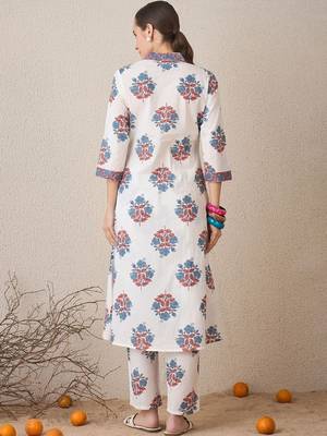 Women Floral Printed Regular Thread Work Cotton Kurta with Trousers 5