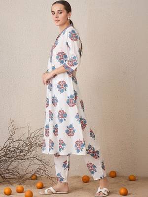 Women Floral Printed Regular Thread Work Cotton Kurta with Trousers 6