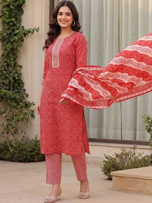 Women Bandhani Printed Regular Mirror Work Pure Cotton Kurta with Trousers & With Dupatta 1