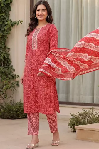 Women Bandhani Printed Regular Mirror Work Pure Cotton Kurta with Trousers & With Dupatta