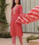 Women Bandhani Printed Regular Mirror Work Pure Cotton Kurta with Trousers & With Dupatta