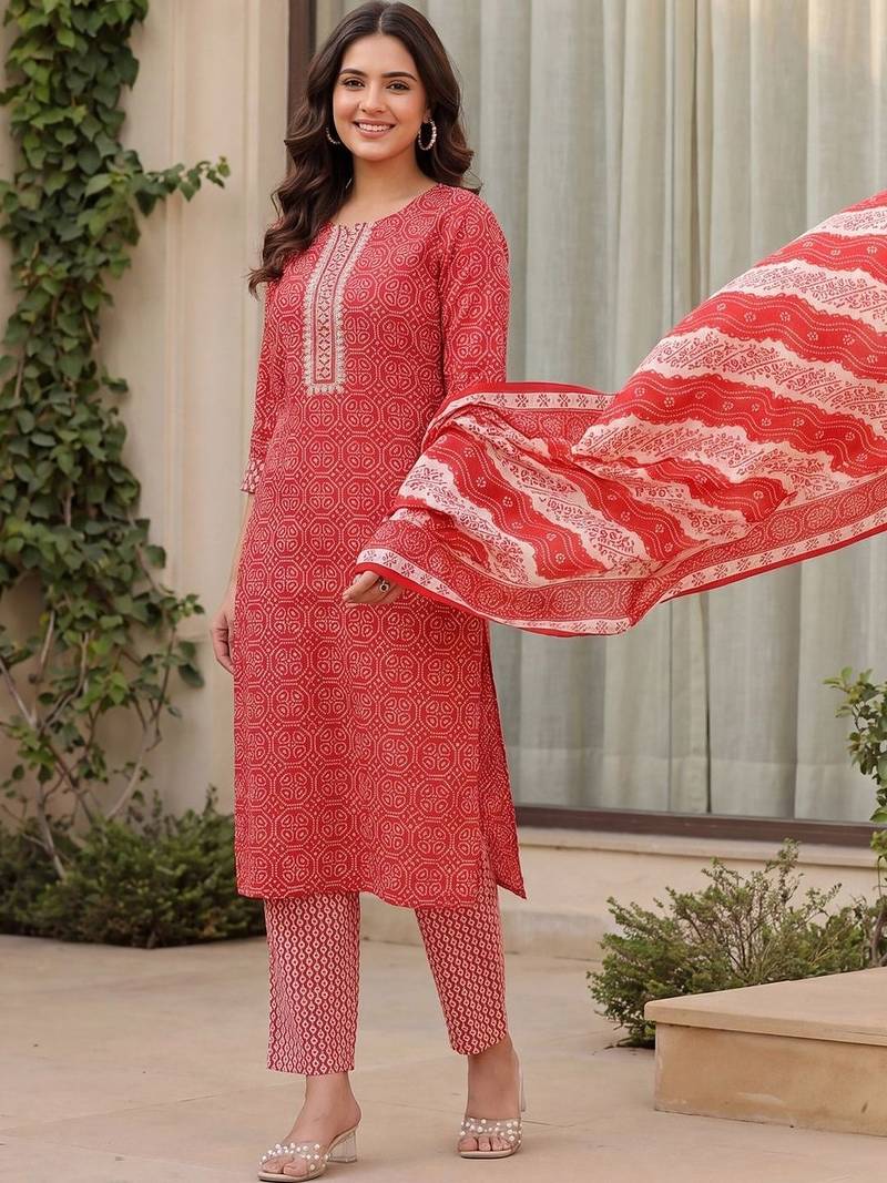 Women Bandhani Printed Regular Mirror Work Pure Cotton Kurta with Trousers & With Dupatta