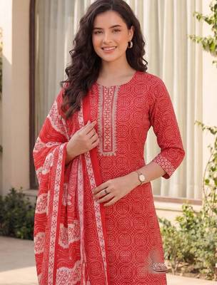 Women Bandhani Printed Regular Mirror Work Pure Cotton Kurta with Trousers & With Dupatta 2