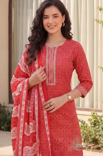 Women Bandhani Printed Regular Mirror Work Pure Cotton Kurta with Trousers & With Dupatta
