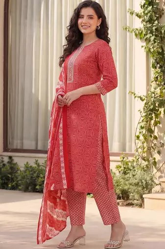 Women Bandhani Printed Regular Mirror Work Pure Cotton Kurta with Trousers & With Dupatta