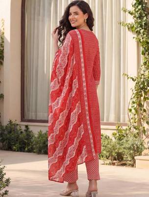Women Bandhani Printed Regular Mirror Work Pure Cotton Kurta with Trousers & With Dupatta 4