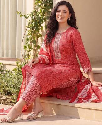 Women Bandhani Printed Regular Mirror Work Pure Cotton Kurta with Trousers & With Dupatta 5