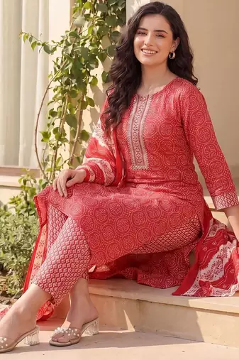 Women Bandhani Printed Regular Mirror Work Pure Cotton Kurta with Trousers & With Dupatta