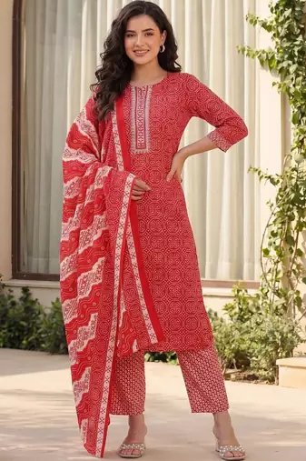 Women Bandhani Printed Regular Mirror Work Pure Cotton Kurta with Trousers & With Dupatta