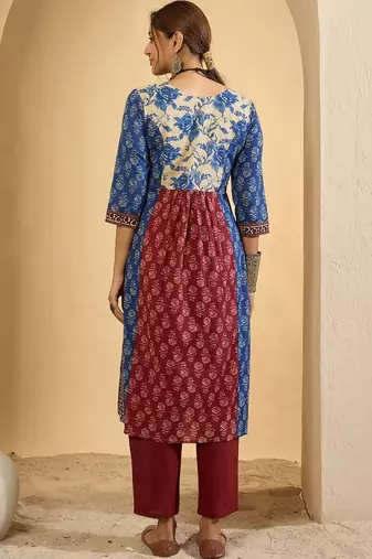 Women Floral Printed Panelled Pure Cotton Kurta with Trousers