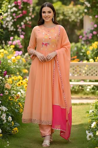 Embroidery Georgette Fabric Flared Kurta Pant and Dupatta Set