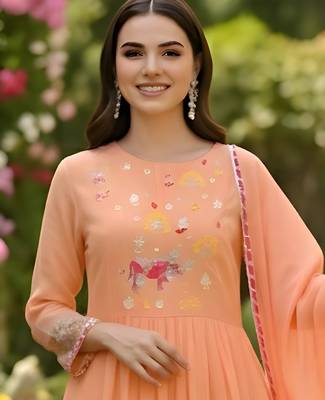 Embroidery Georgette Fabric Flared Kurta Pant and Dupatta Set 2