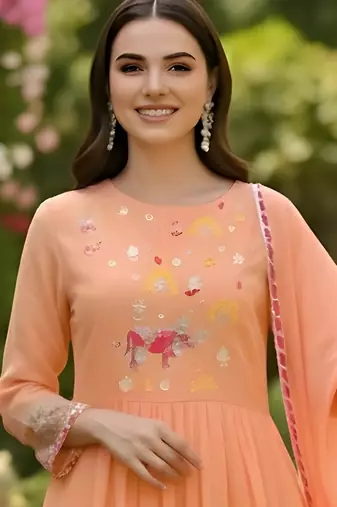 Embroidery Georgette Fabric Flared Kurta Pant and Dupatta Set