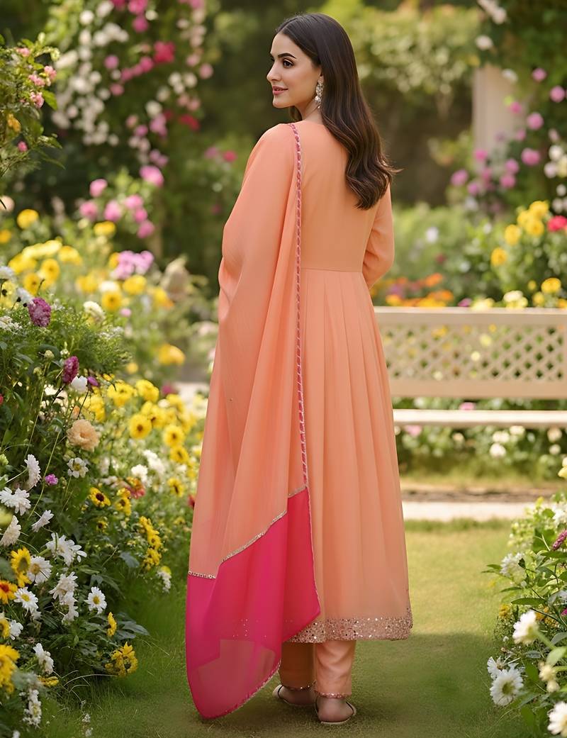 Embroidery Georgette Fabric Flared Kurta Pant and Dupatta Set