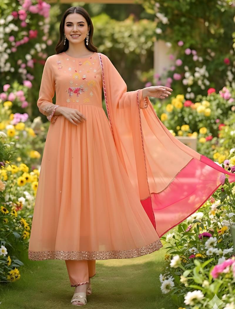 Embroidery Georgette Fabric Flared Kurta Pant and Dupatta Set