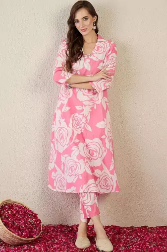 Women Floral Printed Regular Pure Cotton Kurta with Trousers