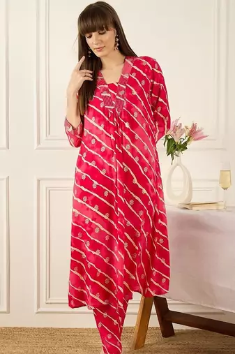 Women Leheriya Printed Regular Thread Work Kurta with Trousers