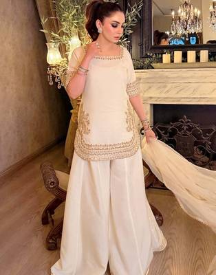 Women's Beautiful Embroidery Work Chinon Fabric Straight Kurta Palazzo and Dupatta Set 1