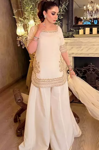 Women's Beautiful Embroidery Work Chinon Fabric Straight Kurta Palazzo and Dupatta Set