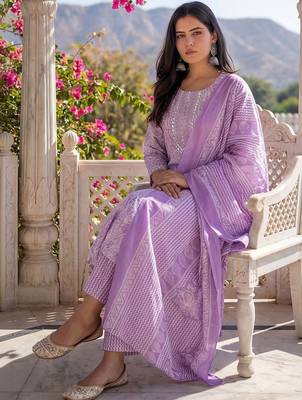 Women Floral Printed Regular Mirror Work Kurta with Trousers & With Dupatta 1