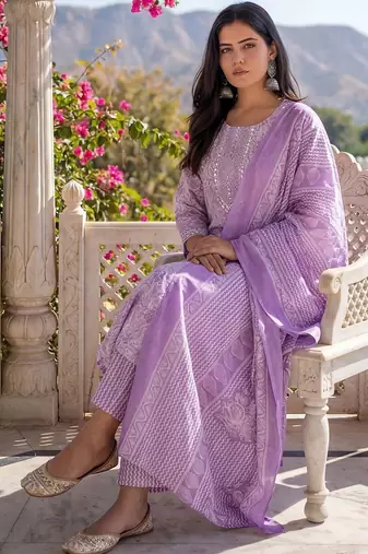 Women Floral Printed Regular Mirror Work Kurta with Trousers & With Dupatta