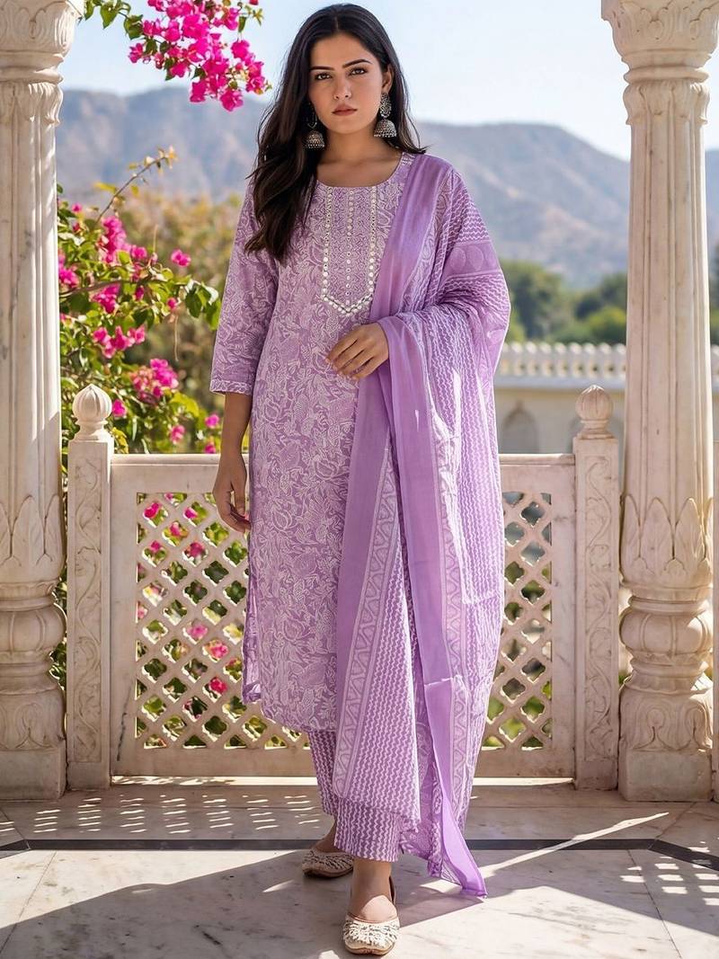 Women Floral Printed Regular Mirror Work Kurta with Trousers & With Dupatta