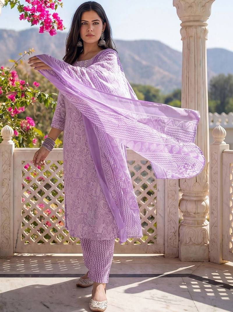 Women Floral Printed Regular Mirror Work Kurta with Trousers & With Dupatta