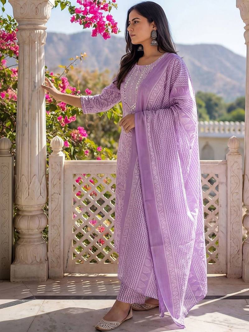Women Floral Printed Regular Mirror Work Kurta with Trousers & With Dupatta