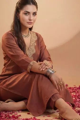 Women Ethnic Motifs Embroidered Regular Sequinned Kurta with Trousers