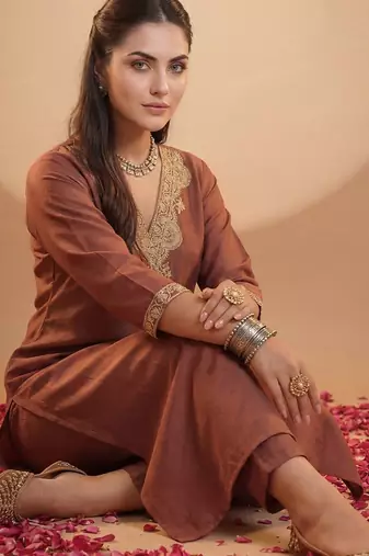 Women Ethnic Motifs Embroidered Regular Sequinned Kurta with Trousers