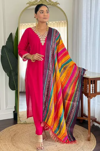 Women Ethnic Motifs Embroidered Regular Sequinned Kurta with Trousers & With Dupatta