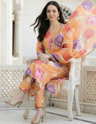 Orange Printed Straight Kurta Trousers Dupatta Set Kurta Sets 1