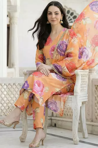 Orange Printed Straight Kurta Trousers Dupatta Set Kurta Sets