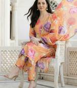 Orange Printed Straight Kurta Trousers Dupatta Set Kurta Sets