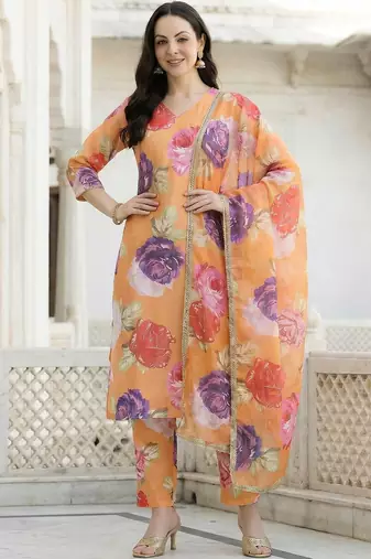 Orange Printed Straight Kurta Trousers Dupatta Set Kurta Sets