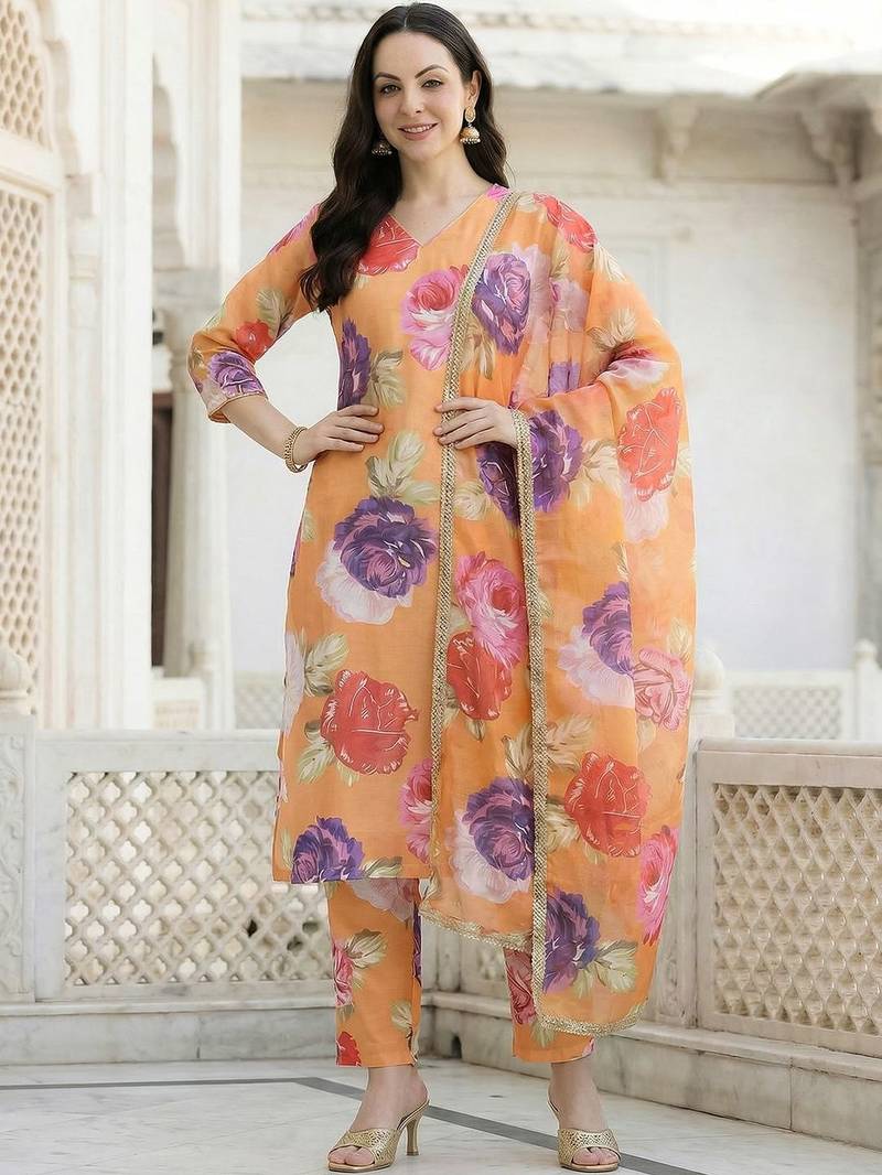 Orange Printed Straight Kurta Trousers Dupatta Set Kurta Sets