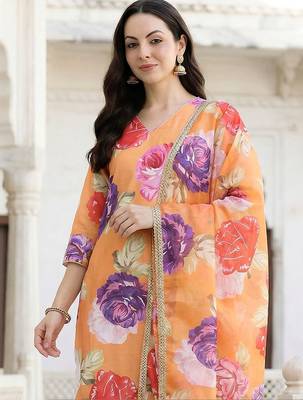 Orange Printed Straight Kurta Trousers Dupatta Set Kurta Sets 3