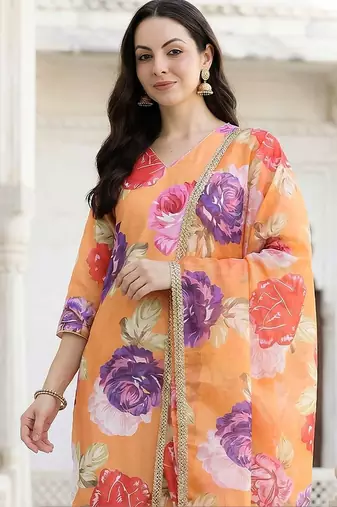 Orange Printed Straight Kurta Trousers Dupatta Set Kurta Sets