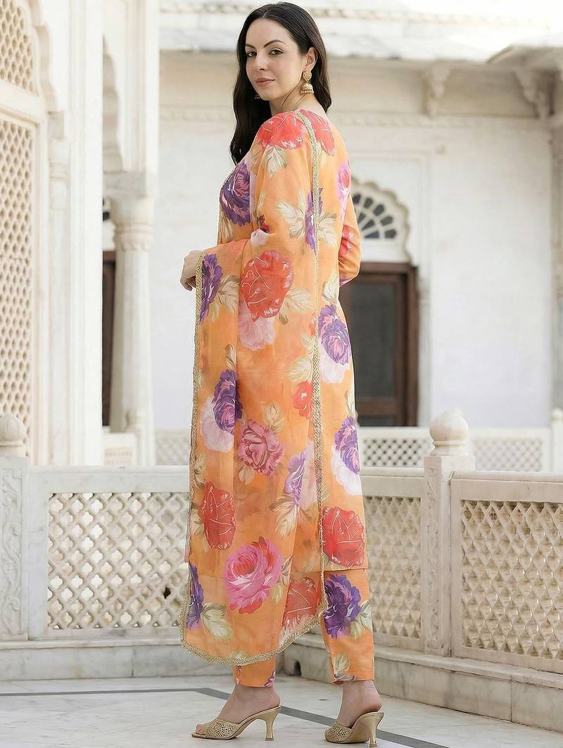 Orange Printed Straight Kurta Trousers Dupatta Set Kurta Sets
