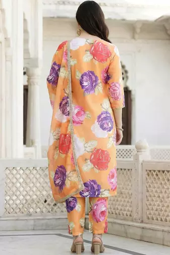 Orange Printed Straight Kurta Trousers Dupatta Set Kurta Sets