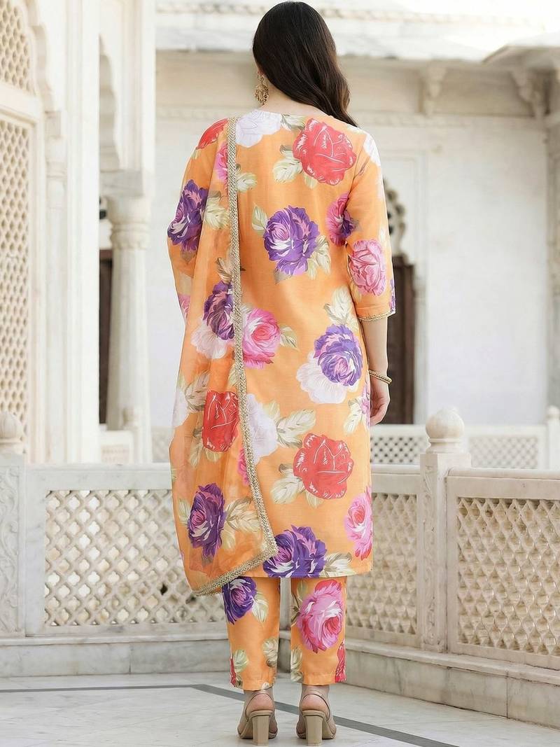 Orange Printed Straight Kurta Trousers Dupatta Set Kurta Sets