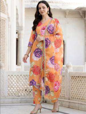Orange Printed Straight Kurta Trousers Dupatta Set Kurta Sets 6